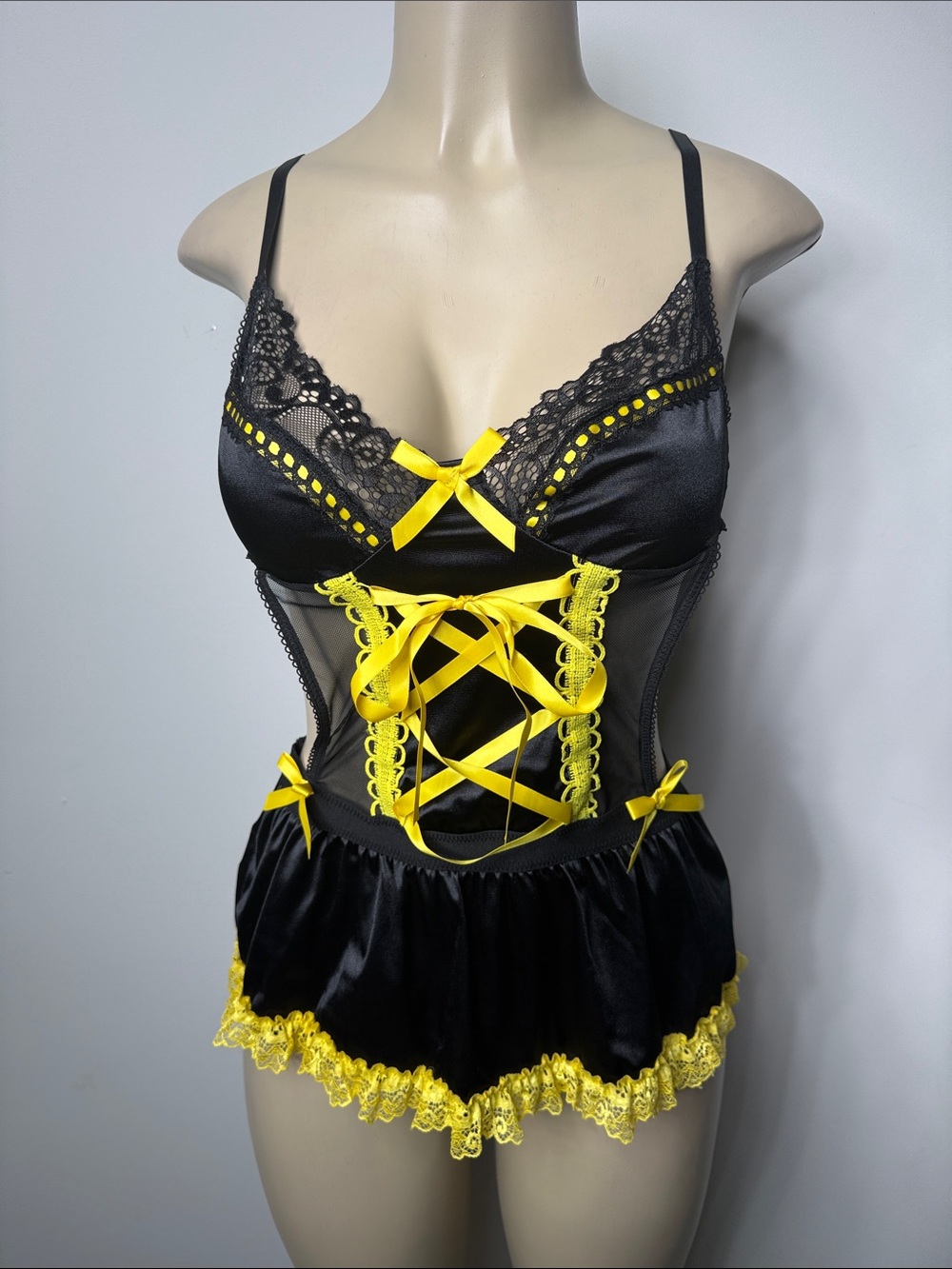 Black & Yellow Satin Lace Chemise Bodysuit - Women Intimates